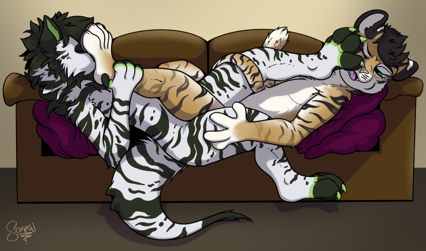 duo feet felid foot_fetish foot_focus foot_on_face foot_play furniture hi_res hyena male male/male mammal mutual_foot_worship pantherine scissored_leg_glider_position soarinarts sofa striped_hyena tail tail_wraps tiger worship wraps