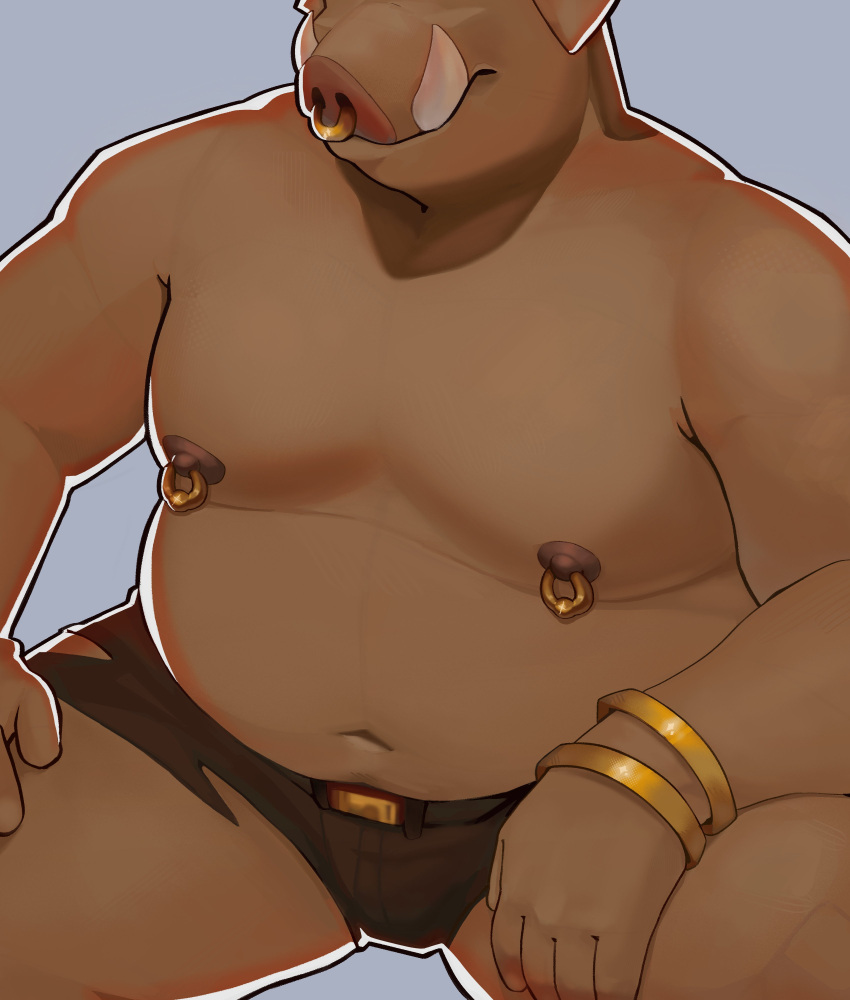 2023 absurd_res accessory anthro belly blue_background bottomwear bracelet brown_bottomwear brown_clothing brown_shorts clothed clothing facial_piercing furgonomics furry-specific_piercing gold_(metal) gold_jewelry hi_res jewelry male mammal microsoft minecraft mojang moobs muzzle_piercing navel nipple_piercing nipples nose_piercing overweight overweight_male pants piercing piglin shorts simple_background snout solo suid suina sus_(pig) tan_body topless torn_bottomwear torn_clothing torn_pants tusks unatazaamarilla xbox_game_studios