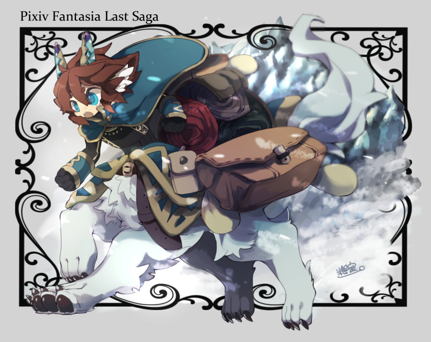 1boy animal_ear_fluff animal_ears bag belt black_gloves blue_capelet blue_eyes brown_belt brown_hair capelet centauroid claws coat collared_capelet full_body gloves grey_background grey_fur high_collar highres horns inumimi-syndrome long_sleeves looking_to_the_side male_focus monster_boy open_mouth original outdoors pixiv_fantasia pixiv_fantasia_last_saga running satchel short_hair signature snow snowing solo tail taur wolf_boy wolf_ears wolf_tail