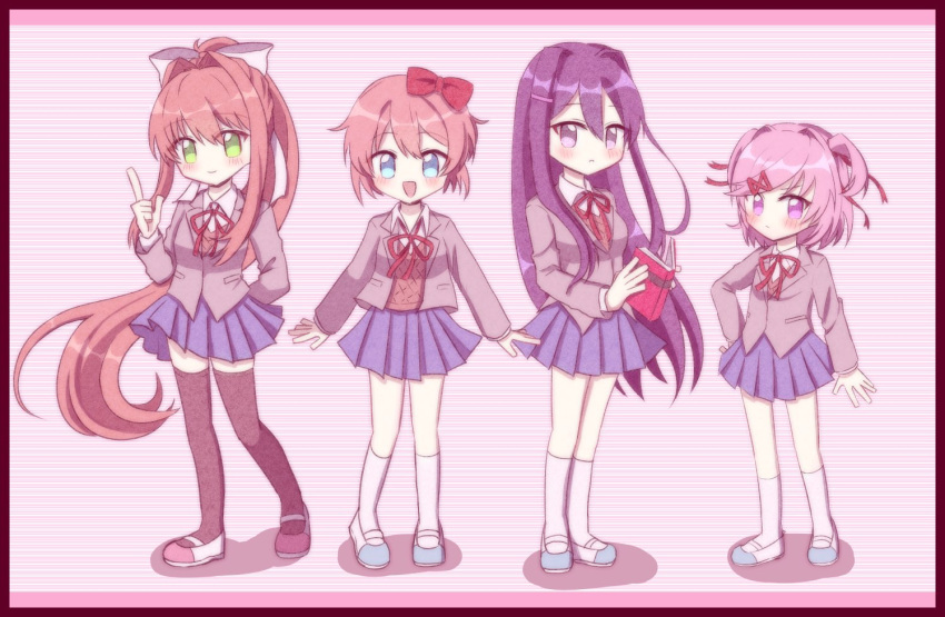 4girls black_thighhighs blazer blue_eyes blue_skirt book bow brown_hair closed_mouth doki_doki_literature_club green_eyes hair_bow jacket long_hair long_sleeves looking_at_viewer monika_(doki_doki_literature_club) multiple_girls natsuki_(doki_doki_literature_club) open_mouth pink_eyes pink_hair pleated_skirt ponytail purple_eyes purple_hair sayori_(doki_doki_literature_club) school_uniform shadow short_hair skirt smile socks thighhighs true_erg white_socks yuri_(doki_doki_literature_club)