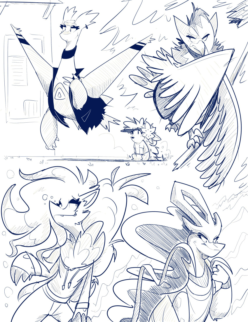 absurd_res ambiguous_gender avian_feet black_and_white building chest_tuft clothed clothing ear_piercing feathers female feral frozenquills fur generation_2_pokemon generation_3_pokemon generation_4_pokemon group hi_res hisuian_form hisuian_zoroark hoodie jacket land_forme_shaymin latias legendary_pokemon levitation monochrome nintendo outside piercing plant pokemon pokemon_(species) regional_form_(pokemon) ring shaymin size_difference snow staraptor suicune topwear tree tuft