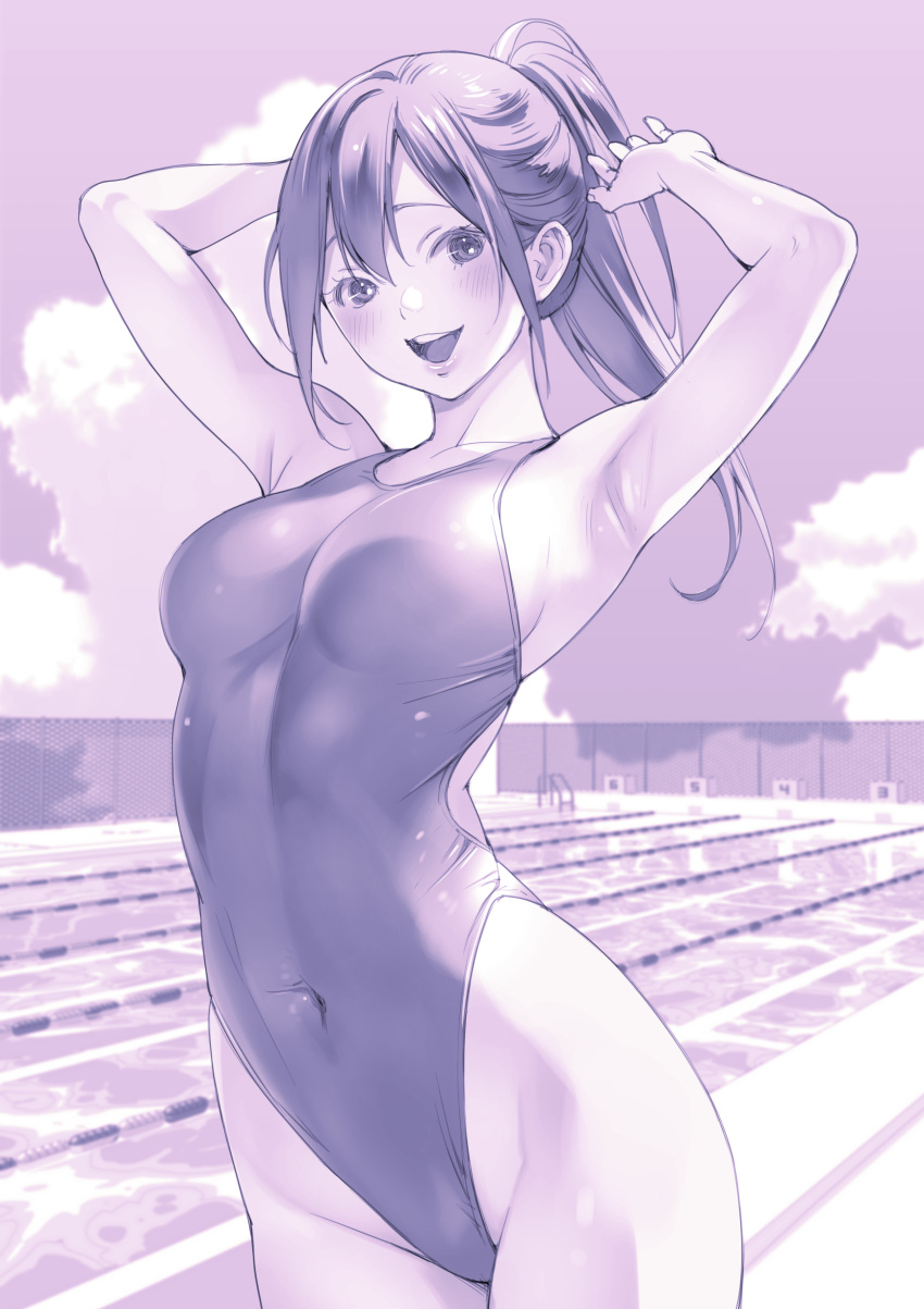 1girl absurdres breasts cloud commentary_request competition_swimsuit covered_navel cowboy_shot day fence highleg highleg_swimsuit highres lane_line long_hair macosee medium_breasts monochrome one-piece_swimsuit open_mouth original outdoors ponytail pool purple_theme sky smile solo starting_block swimsuit