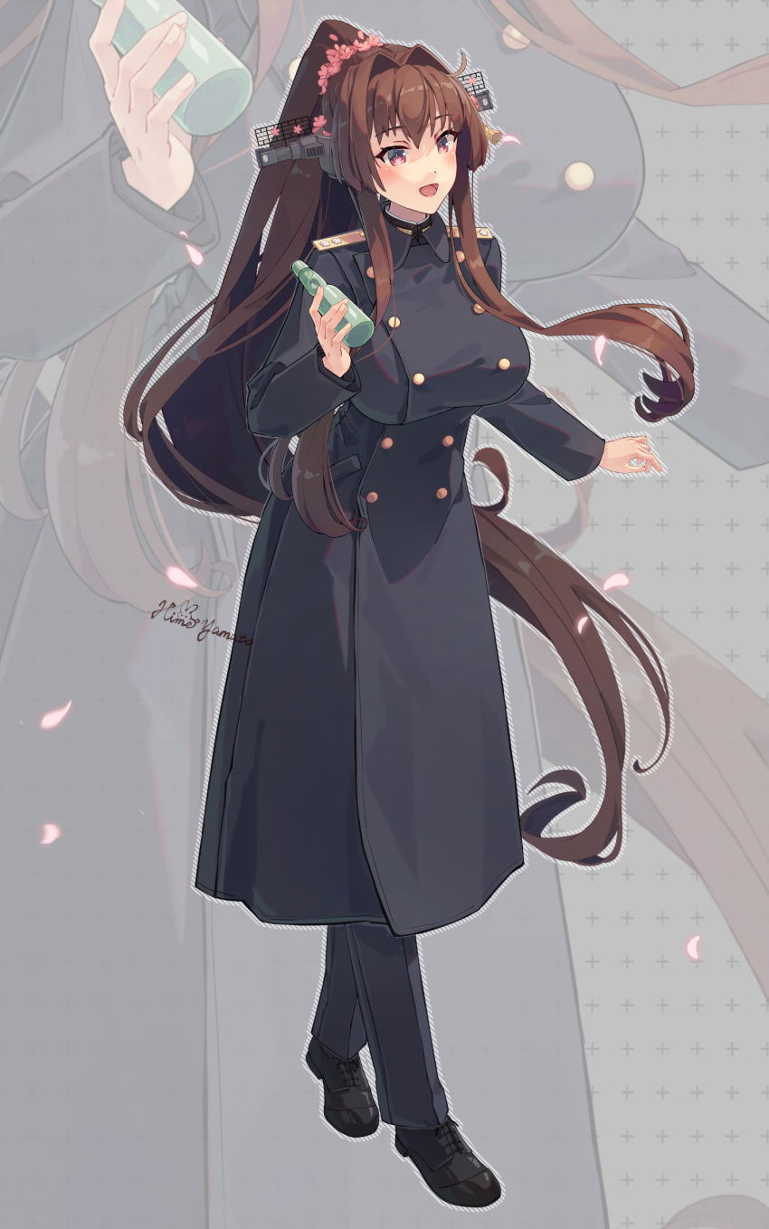 1girl alternate_costume black_coat black_footwear blush bottle breasts brown_hair coat crossed_legs double-blade full_body hair_intakes headgear highres himeyamato holding holding_bottle kantai_collection large_breasts long_hair looking_at_viewer military_uniform open_mouth ponytail purple_eyes sidelocks smile taut_clothes trench_coat uniform very_long_hair watson_cross yamato_(kancolle)