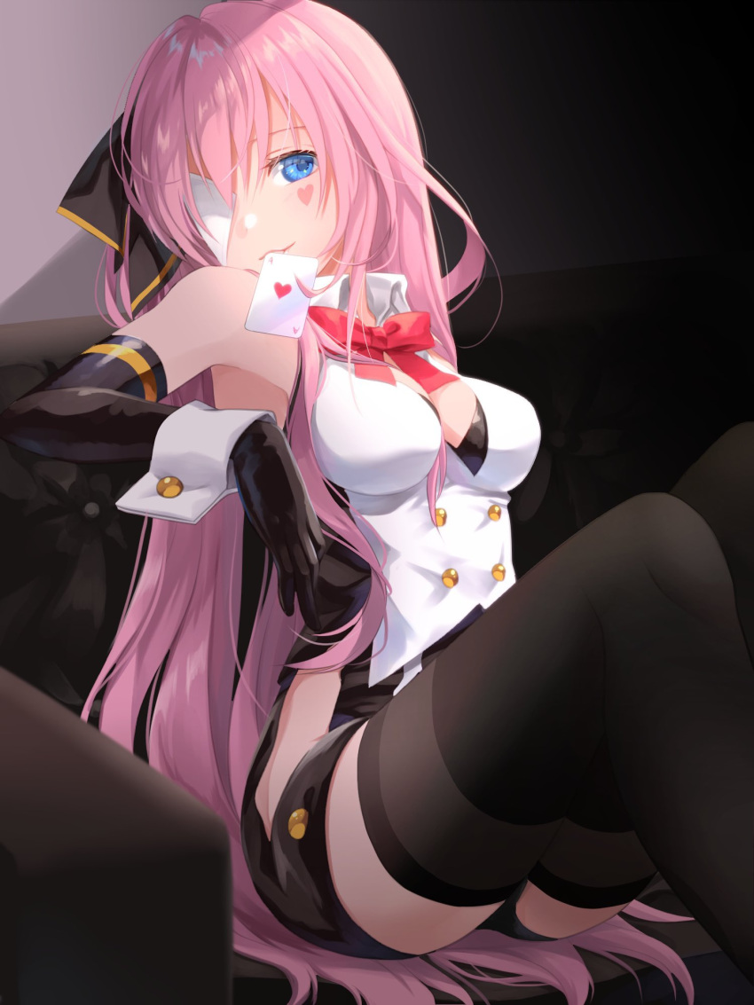 1girl aira_(exp) blackjack_(vocaloid) blue_eyes bow bowtie breasts buttons card cleavage collared_shirt commentary_request double-breasted elbow_gloves facial_mark gloves hair_bow heart heart_facial_mark highres knees_up long_hair looking_at_viewer megurine_luka mouth_hold one_eye_covered pink_hair playing_card project_diva_(series) shirt shorts sitting sleeveless sleeveless_shirt smile solo temptation_(module) thighhighs very_long_hair vocaloid wrist_cuffs
