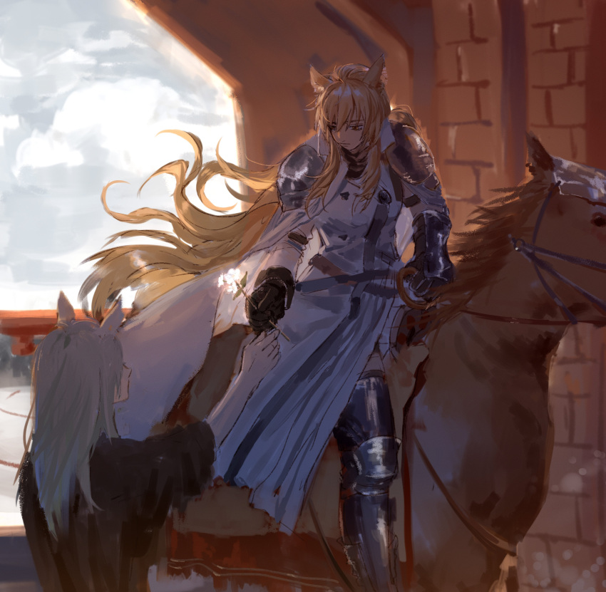 2girls absurdres animal_ears arknights armor blonde_hair brown_horse coat flower gauntlets greaves grey_hair highres holding holding_flower horse horse_ears horse_girl horse_tail horseback_riding leg_armor long_hair multiple_girls nearl_(arknights) nearl_the_radiant_knight_(arknights) orange_eyes pauldrons riding shoulder_armor sidelocks tail vaticancameos_c white_coat