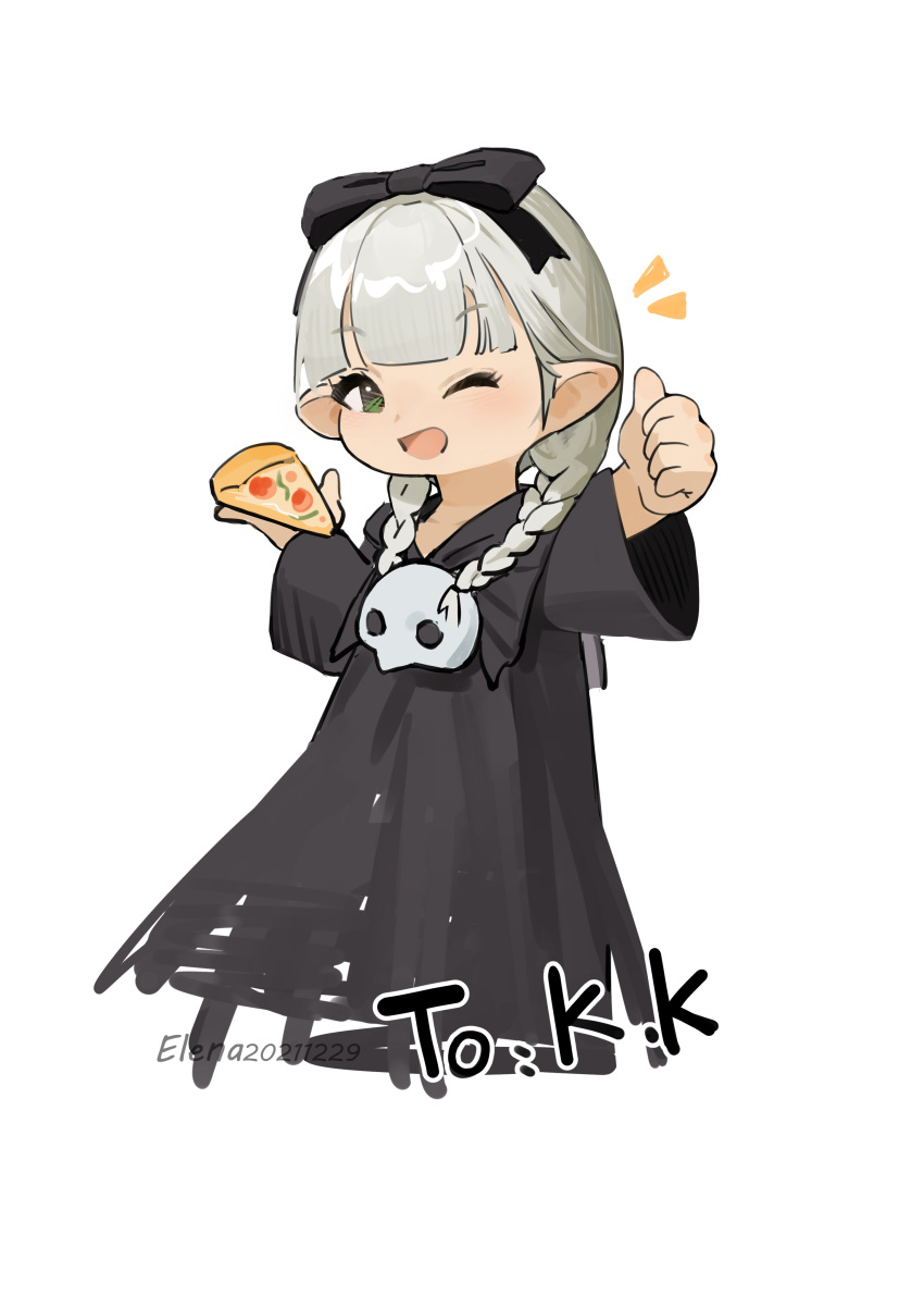 1girl absurdres black_ribbon black_robe braid commission cropped_legs elena_zao eyebrows_hidden_by_hair final_fantasy final_fantasy_xiv flat_chest food green_eyes hair_ribbon highres holding holding_food holding_pizza lalafell mask medium_hair notice_lines one_eye_closed pizza pizza_slice ribbon robe signature simple_background sketch smile solo thumbs_up twin_braids unworn_mask warrior_of_light_(ff14) white_background white_hair white_mask wide_sleeves