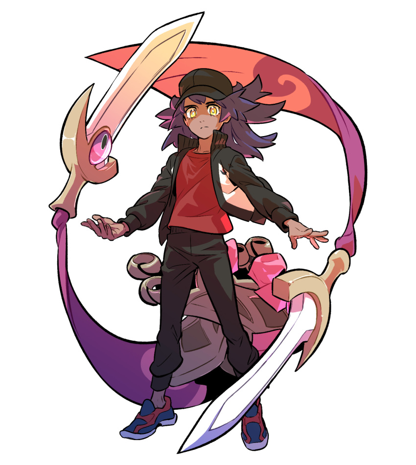 1boy aged_down black_headwear black_jacket black_pants blue_footwear bright_pupils closed_mouth commentary dark-skinned_male dark_skin doublade frown hat highres jacket leon_(pokemon) long_hair long_sleeves male_focus open_clothes open_jacket pants pokemon pokemon_(creature) pokemon_swsh purple_hair red_shirt redlhzz shirt shoes simple_background split_mouth symbol-only_commentary white_background white_pupils yellow_eyes