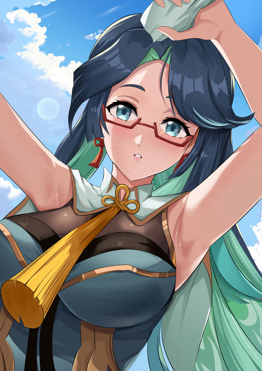 1girl absurdres armpits blue_eyes blue_hair blue_sky blush bodystocking breasts cleavage cloud cloud_retainer_(genshin_impact) colored_inner_hair day earrings genshin_impact glasses green_hair highres holding holding_towel iloli_(rumw7235) jewelry large_breasts looking_at_viewer multicolored_hair outdoors red-framed_eyewear semi-rimless_eyewear sky tassel tassel_earrings towel two-tone_hair under-rim_eyewear upper_body xianyun_(genshin_impact)