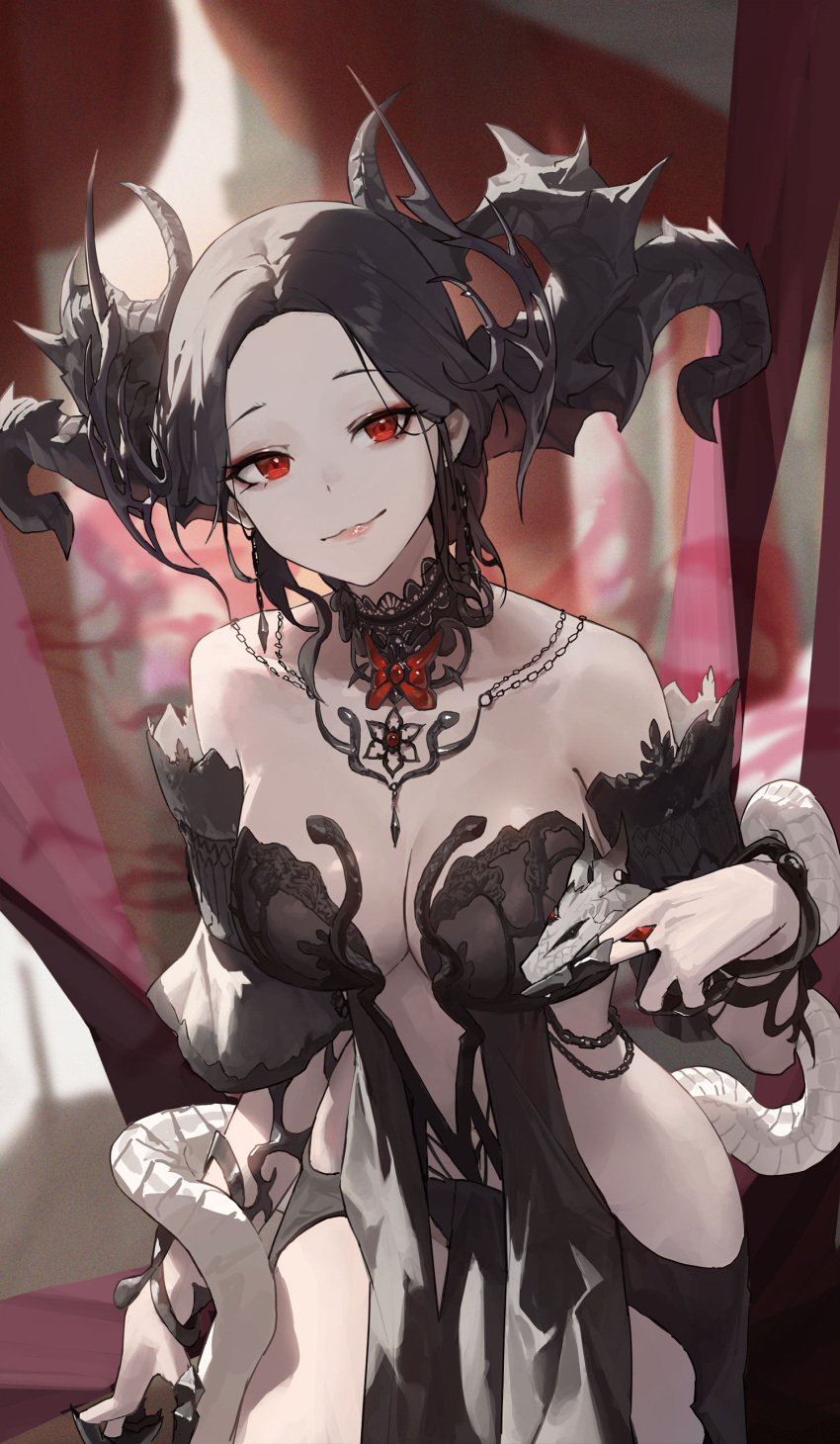 1girl absurdres black_hair breasts cleavage closed_mouth creature earrings hair_ornament highres indoors jewelry large_breasts looking_at_viewer mac_star necklace original red_eyes revealing_clothes ring smirk snake solo
