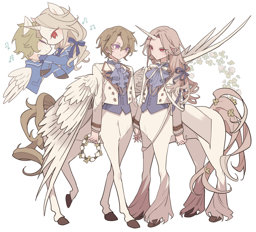 2boys animalization ascot blue_ascot blue_ribbon blue_shirt brown_hair centaur closed_mouth cropped_torso ensemble_stars! feathered_wings flower_wreath full_body head_wreath highres holding_hands holding_wreath horns horse_boy horse_tail jacket long_hair long_sleeves looking_at_another low-tied_long_hair male_focus meremero monster_boy monsterification multiple_boys multiple_legs multiple_views musical_note pegasus_boy ran_nagisa ribbon shirt short_hair single_horn standing tail taur tomoe_hiyori unicorn_boy white_background white_fur white_jacket white_wings wings