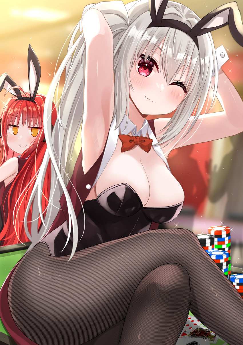 2girls :3 absurdres animal_ears armpits arms_up bare_shoulders black_leotard black_pantyhose blurry blurry_background blush bow bowtie breasts c: casino closed_mouth commentary crossed_legs curvy detached_collar dracu-riot! elena_olegovna_owen eyelashes eyes_visible_through_hair fake_animal_ears feet_out_of_frame grey_hair hair_between_eyes hair_intakes happy highres indoors large_breasts leotard long_hair looking_at_viewer looking_back multiple_girls official_alternate_costume official_alternate_hairstyle one_eye_closed pantyhose playboy_bunny rabbit_ears red_bow red_bowtie red_eyes red_hair side_ponytail smile solo_focus sparkle strapless strapless_leotard thighs tsurime urakawa_^p^ very_long_hair white_wrist_cuffs wrist_cuffs yarai_miu yellow_eyes