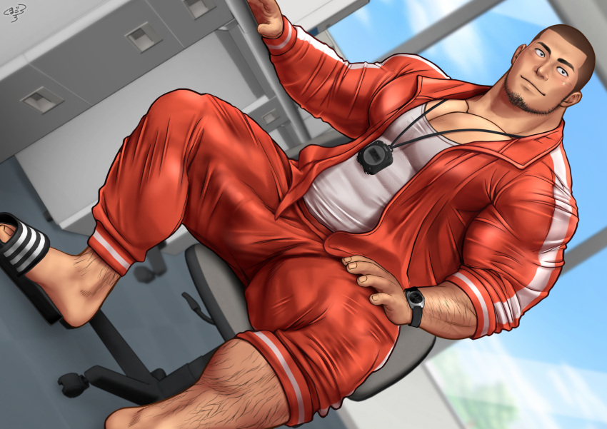 1boy arm_hair bara black_hair bulge buzz_cut chinstrap_beard dark-skinned_male dark_skin day dutch_angle erection erection_under_clothes facial_hair foot_out_of_frame highres indoors jacket kuma_gororo large_pectorals leg_hair male_focus mature_male muscular muscular_male office open_clothes open_jacket original pants pectoral_cleavage pectorals shirt short_hair sitting slippers smile solo spread_legs stopwatch stopwatch_around_neck thick_eyebrows track_jacket track_pants very_short_hair watch white_shirt wristwatch