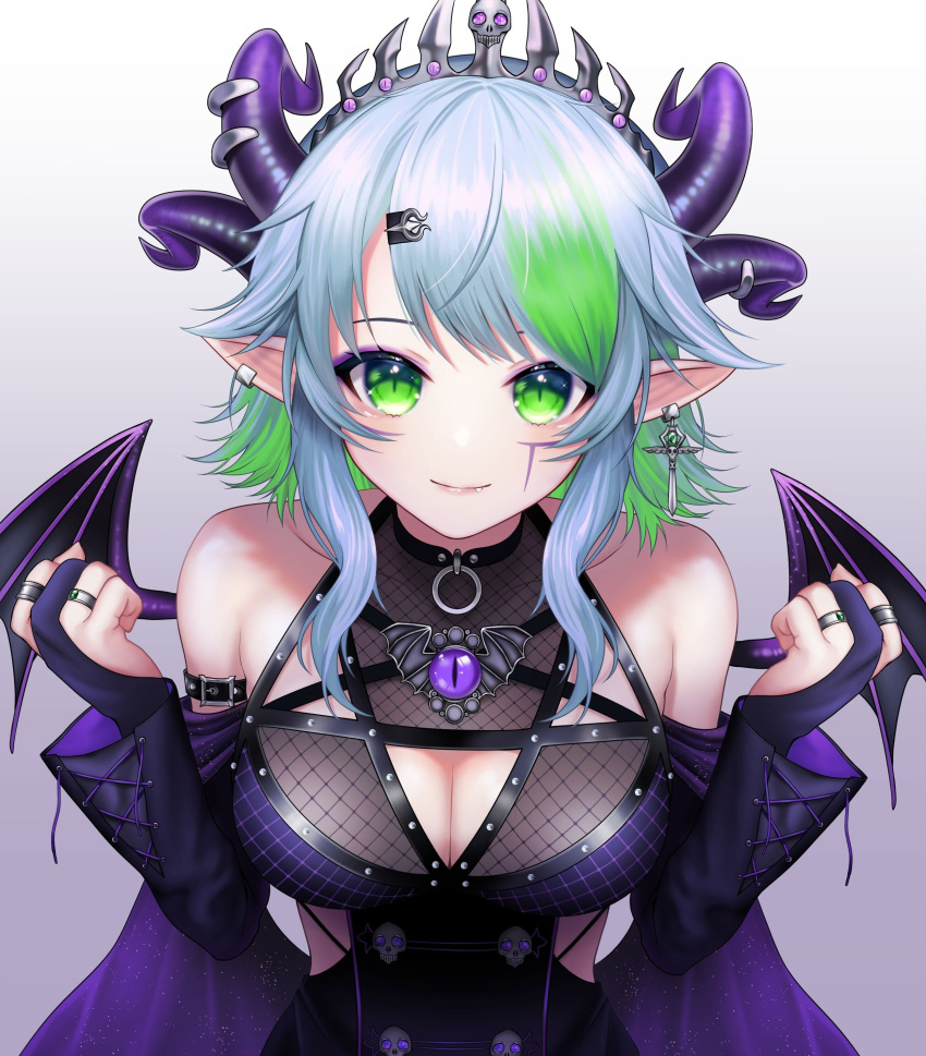 1girl absurdres apricot_the_lich apricot_the_lich_(1st_costume) arm_belt beslab_official breasts choker cleavage clenched_hands closed_mouth colored_inner_hair cross cross-laced_clothes cross-laced_sleeves cross_earrings demon_horns demon_wings dress earrings eyeshadow facial_mark fang fingerless_gloves gloves green_eyes green_hair grey_hair hair_ornament hairclip highres horns jewelry long_sleeves looking_at_viewer makeup multicolored_hair multiple_horns multiple_rings o-ring o-ring_choker off-shoulder_dress off_shoulder pentagram pointy_ears purple_dress purple_eyeshadow purple_gloves purple_horns purple_wings ring short_hair sidelocks skull smile solo streaked_hair tiara virtual_youtuber vshojo wings