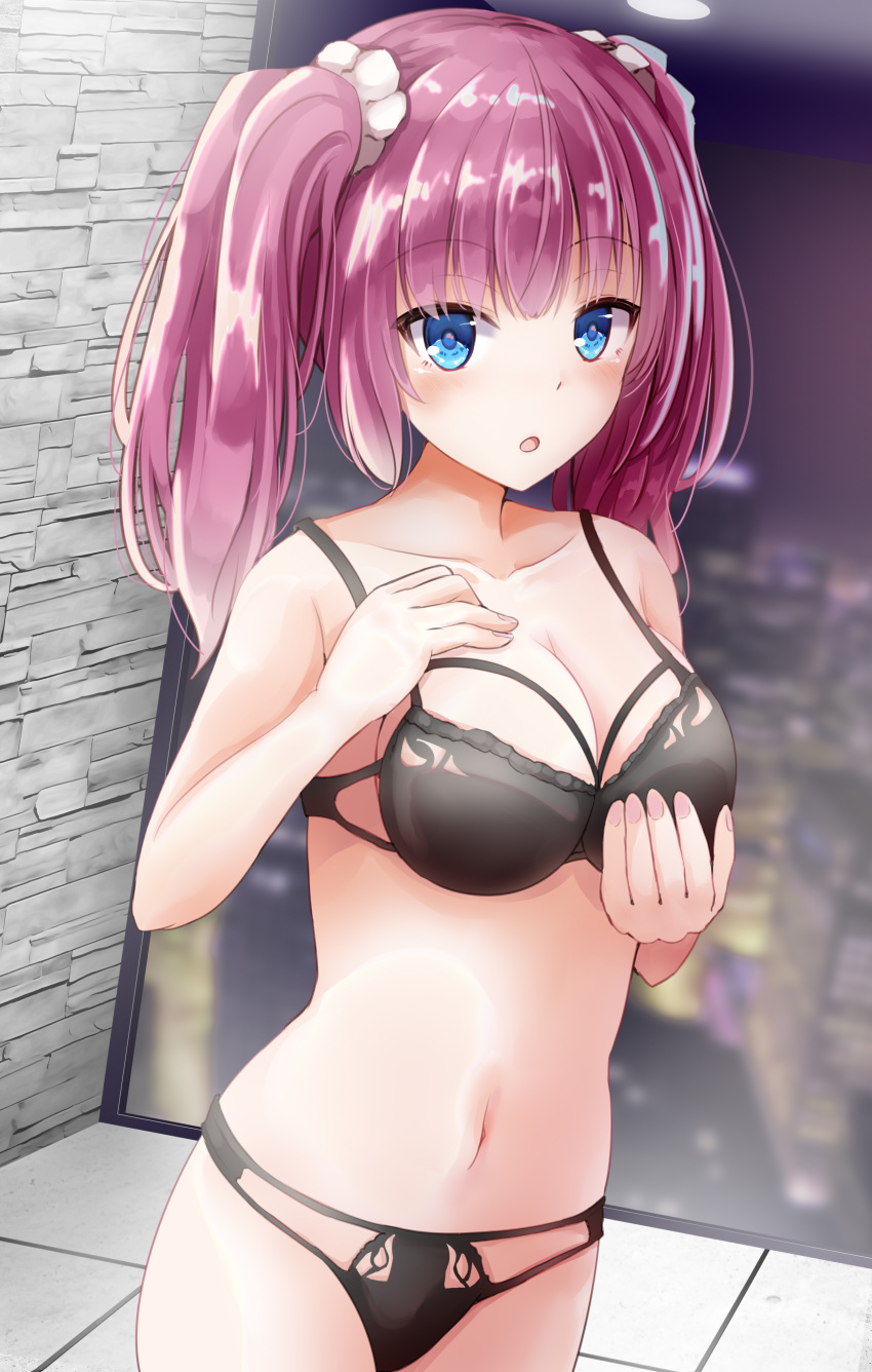 1girl :o absurdres bare_arms black_bra black_panties blue_eyes blunt_bangs blurry blurry_background blush bra breast_hold breasts cleavage collarbone commentary cowboy_shot eyes_visible_through_hair fingernails hair_ornament hair_scrunchie hand_up highres indoors izuminomitsuba large_breasts looking_at_viewer medium_hair navel night open_mouth original panties purple_hair scrunchie solo tsurime twintails underwear underwear_only white_scrunchie window
