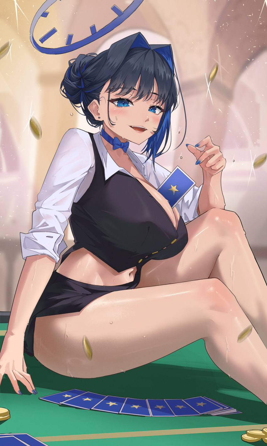 1girl archinoer between_breasts blue_bow blue_choker bow bow_choker breasts card card_between_breasts choker hair_bun hair_intakes halo highres hololive hololive_english large_breasts looking_at_viewer miniskirt navel ouro_kronii playing_card sitting skirt solo thighs virtual_youtuber