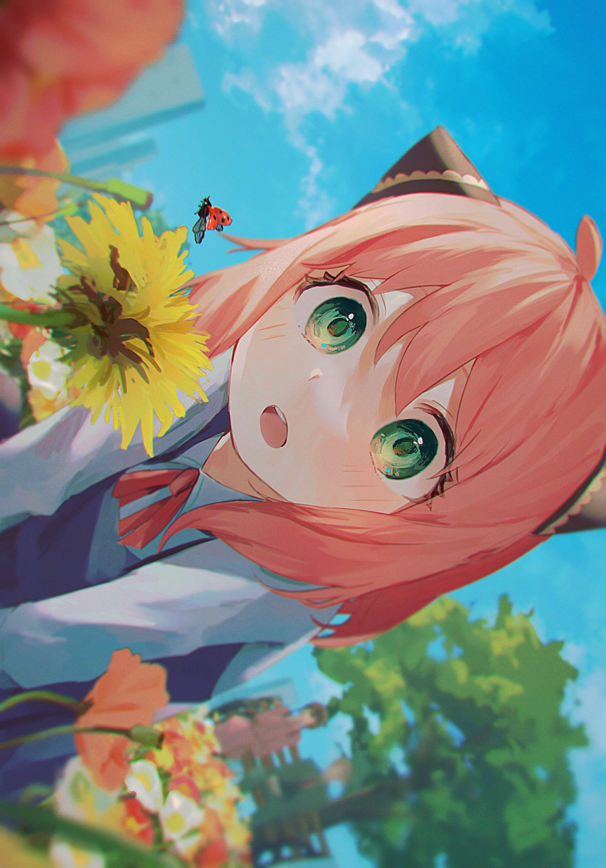 1boy 2girls anya_(spy_x_family) blurry_border blush bug building close-up commentary_request flower from_below green_eyes highres ladybug machida_0906 multiple_girls short_hair sky solo spy_x_family tree twilight_(spy_x_family) yor_briar