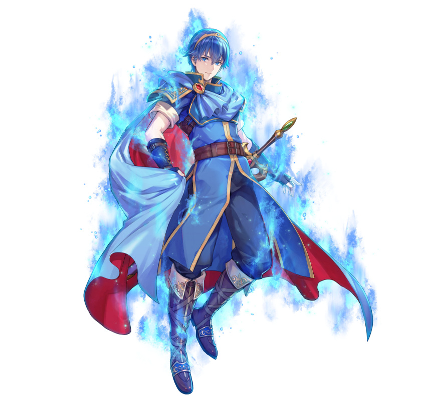 1boy absurdres aura blue_aura blue_cape blue_eyes blue_hair cape fingerless_gloves fire_emblem fire_emblem:_mystery_of_the_emblem fire_emblem_engage fire_emblem_heroes floating gloves highres marth_(emblem)_(fire_emblem) marth_(fire_emblem) multicolored_cape multicolored_clothes red_cape solo sword tachi-e tiara weapon