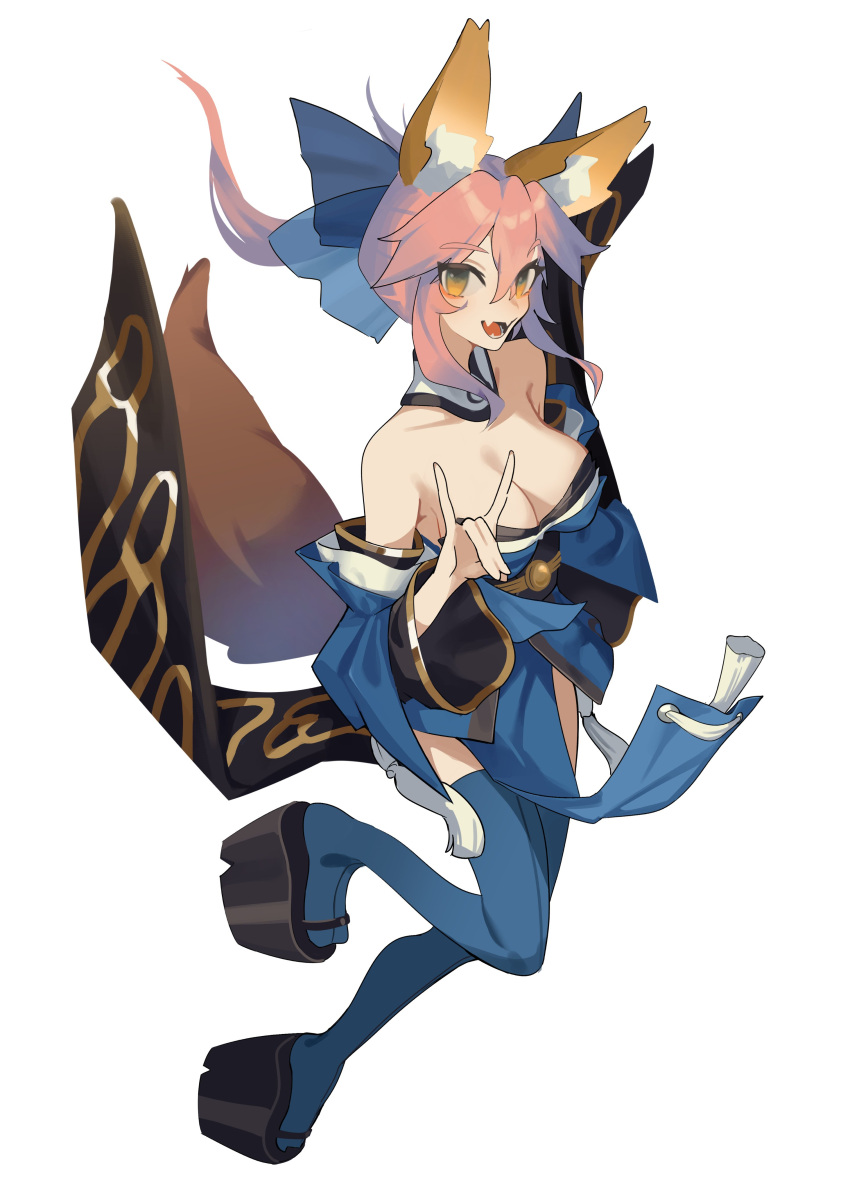 1girl absurdres animal_ear_fluff animal_ears bare_shoulders blue_kimono blue_thighhighs breasts cleavage fangs fate_(series) fox_ears fox_girl fox_shadow_puppet fox_tail full_body ghost_(tama) hair_ribbon highres japanese_clothes kimono large_breasts medium_hair open_mouth pink_hair ribbon sandals simple_background solo tail tamamo_(fate) tamamo_no_mae_(fate/extra) thighhighs white_background yellow_eyes zettai_ryouiki