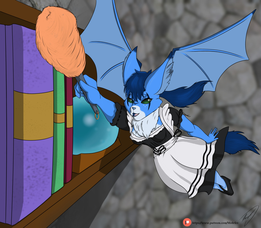 absurd_res bat blue_body blue_fur blue_hair book bookshelf breasts chest_tuft clothed clothing crystal_ball digital_media_(artwork) dress dust:_an_elysian_tail ear_tuft facial_markings female fluffy fluffy_tail fur furniture green_eyes hair head_markings hi_res inside maid_uniform mammal markings membrane_(anatomy) membranous_wings mohrlex nimbat open_mouth simple_background smile solo tail topwear tuft uniform white_body white_fur wings working