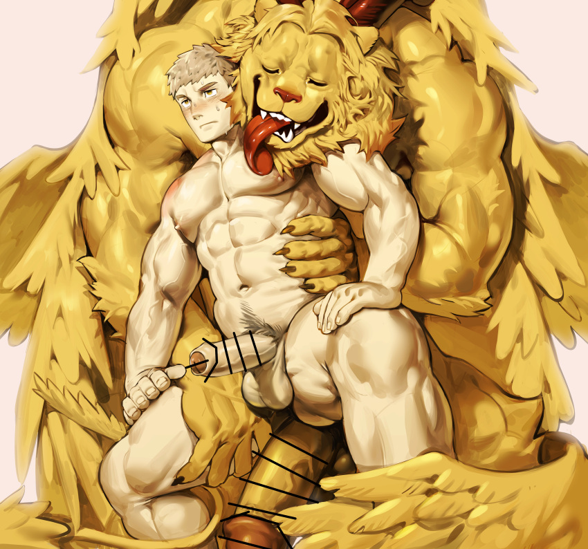 2boys abs absurdres bar_censor bara blonde_hair censored claws closed_eyes commentary completely_nude demon_horns dungeon_meshi english_commentary erection foreskin furry furry_with_non-furry hand_on_own_leg highres holding horns hug hug_from_behind huge_penis interspecies laios_thorden large_pectorals licking licking_pectoral light_blush lion lion_boy male_focus multiple_boys muscular muscular_male navel navel_hair nipples nude pectorals penis penis_size_difference size_difference stomach strongman_waist sweat uza_(hellme) white_background winged_lion_(dungeon_meshi) yaoi yellow_eyes