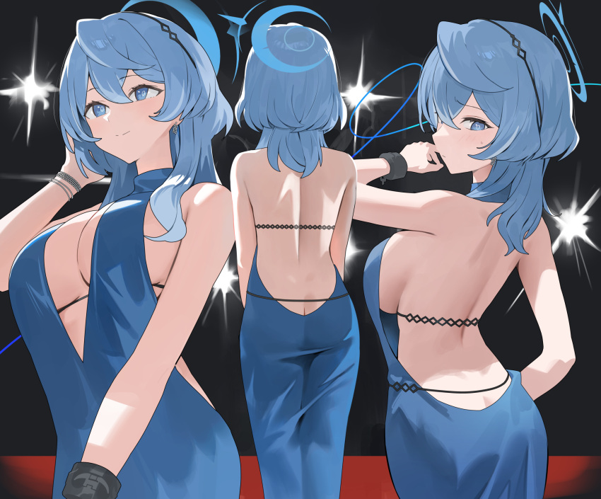 1girl ako_(blue_archive) ako_(dress)_(blue_archive) ass back backless_dress backless_outfit black_hairband blue_archive blue_dress blue_eyes blue_hair blue_halo blush breasts closed_mouth cuffs dress earrings hairband halo handcuffs highres hood_(james_x) jewelry large_breasts long_hair multiple_views official_alternate_costume sideboob sleeveless sleeveless_dress smile