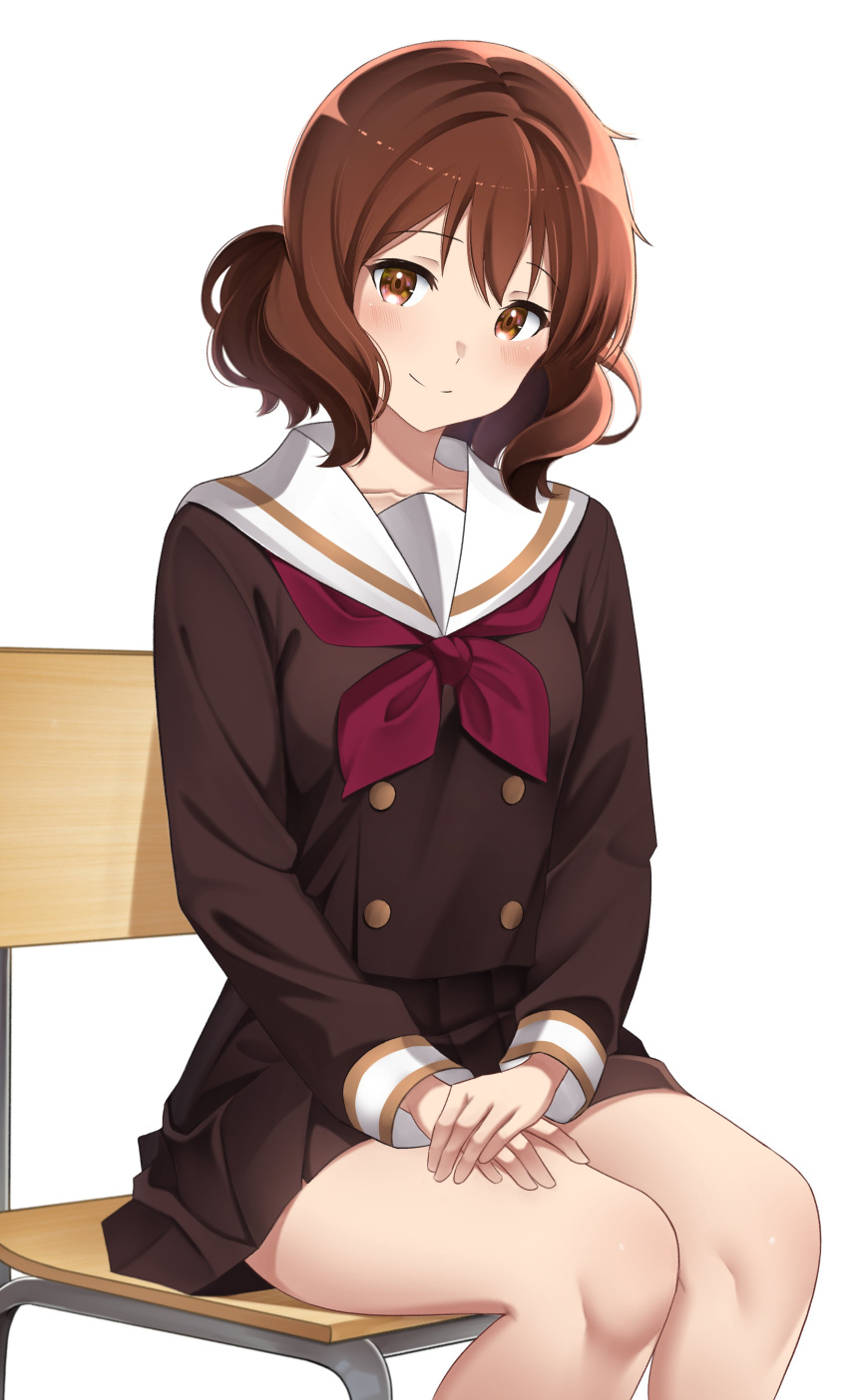 1girl absurdres blush brown_eyes brown_hair brown_serafuku brown_shirt brown_skirt chair closed_mouth feet_out_of_frame head_tilt hibike!_euphonium highres kitauji_high_school_uniform long_sleeves looking_at_viewer neckerchief on_chair oumae_kumiko own_hands_together pleated_skirt red_neckerchief sailor_collar school_chair school_uniform serafuku shirt short_hair simple_background sitting skirt smile solo split_mouth white_background white_sailor_collar winter_uniform zero0ex