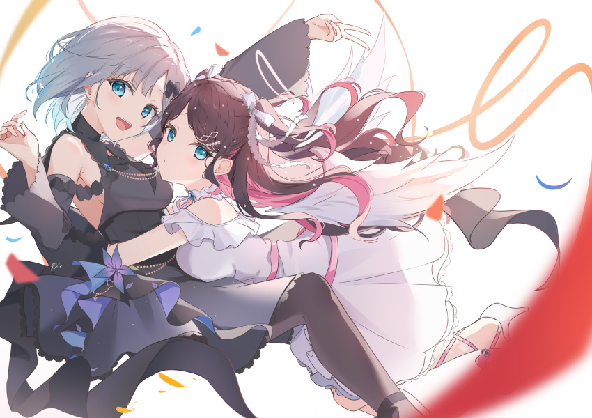 2girls aqua_eyes arm_up black_bow black_dress black_hair black_pantyhose blurry bow breasts closed_mouth colored_inner_hair commentary_request depth_of_field detached_sleeves dress earrings grey_hair hair_bow hair_ornament hairclip halo high_heels highres hug jewelry kaga_nazuna kaga_sumire long_hair looking_at_viewer medium_breasts medium_hair multicolored_hair multiple_girls okishiro open_mouth pantyhose pink_hair pink_halo ribbon sleeveless sleeveless_dress smile twintails v virtual_youtuber vspo! white_dress white_footwear white_ribbon