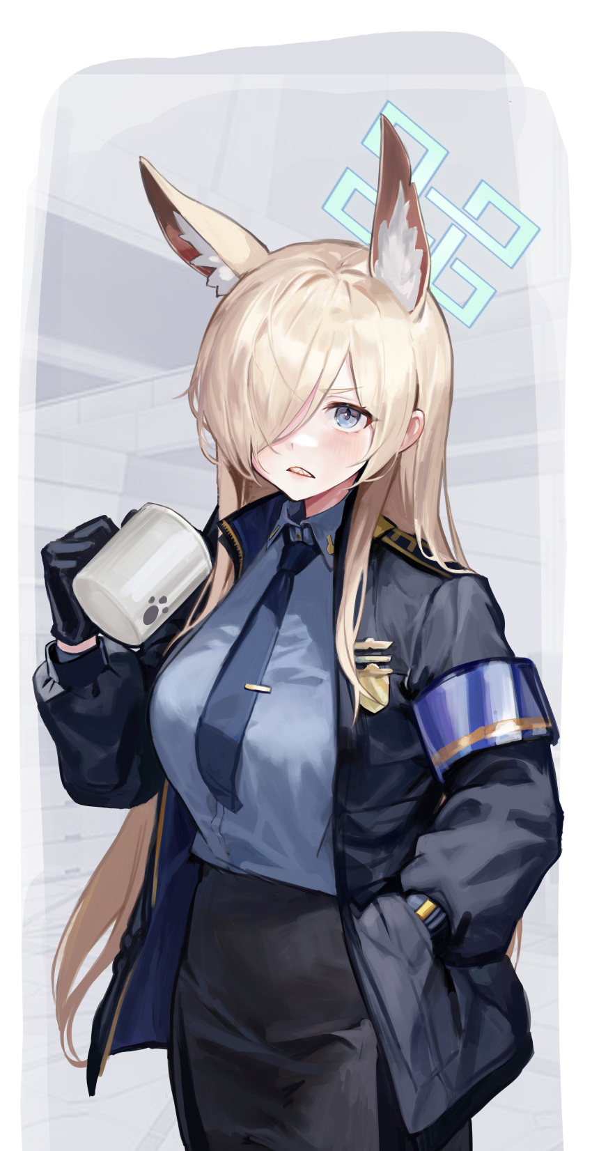 1girl absurdres animal_ear_fluff animal_ears armband black_gloves blonde_hair blue_archive blue_halo blue_necktie blue_shirt blush breasts clenched_teeth coffee_mug collared_shirt cowboy_shot cup dog_ears gloves hair_over_one_eye halo hand_in_pocket hand_up highres holding holding_cup jacket kanna_(blue_archive) long_hair long_sleeves mug necktie open_clothes open_jacket parted_bangs pencil_skirt shirt skirt solo teeth tie_clip user_raxx5258