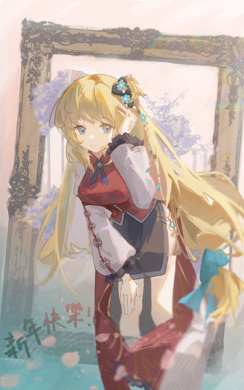 1girl absurdres agnes_claudel blonde_hair blue_eyes bow breasts china_dress chinese_clothes dress eiyuu_densetsu floating_hair flower hair_bow hair_flower hair_ornament highres kuro_no_kiseki kuro_no_kiseki_ii large_breasts long_hair picture_frame sidelocks smile solo yazawa_yuki