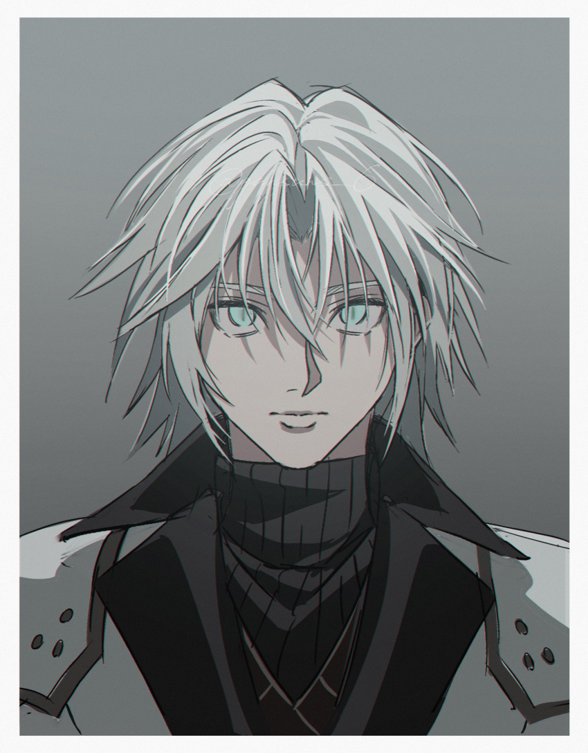 1boy absurdres aged_down armor black_coat black_sweater blue_eyes chest_strap coat commentary expressionless final_fantasy_vii_ever_crisis gradient_background grey_background grey_hair high_collar highres looking_at_viewer male_focus medium_hair pauldrons roku_(gansuns) sephiroth shoulder_armor slit_pupils solo sweater turtleneck turtleneck_sweater twitter_username upper_body
