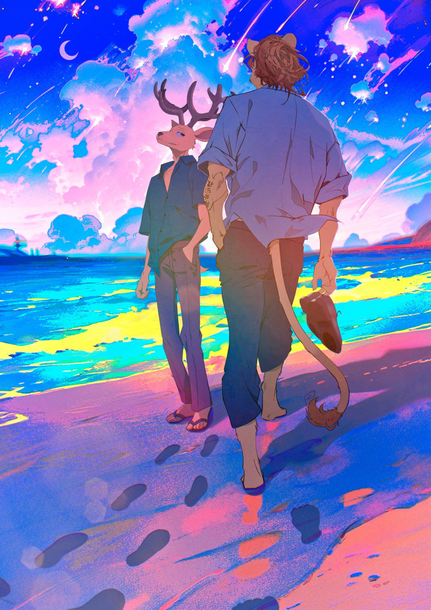 2boys animal_ears antlers barefoot beach beastars black_footwear cloud cloudy_sky deer_antlers deer_boy deer_ears deer_tail english_commentary flip_flops footprints furry furry_male highres holding holding_shoes horns ibuki_(beastars) lion_boy lion_ears lion_mane lion_tail looking_at_another louis_(beastars) male_focus meteor_shower multiple_boys ocean shoes sky tail tattoo toro402