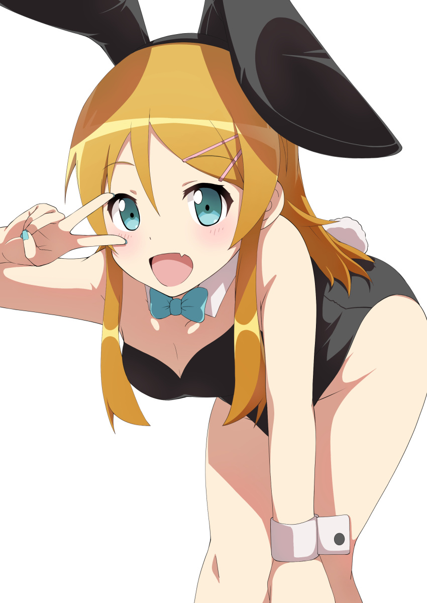 1girl absurdres animal_ears aqua_eyes bare_shoulders black_leotard blonde_hair blue_bow blue_bowtie blue_nails bow bowtie breasts cleavage collar daru_drawing detached_collar fake_animal_ears fake_tail fang hair_ornament hairpin highleg highleg_leotard highres kousaka_kirino leaning_forward leotard long_hair looking_at_viewer medium_breasts nail_polish open_mouth ore_no_imouto_ga_konna_ni_kawaii_wake_ga_nai playboy_bunny rabbit_ears rabbit_tail simple_background solo standing strapless strapless_leotard tail v_over_eye white_background white_collar white_wrist_cuffs wrist_cuffs