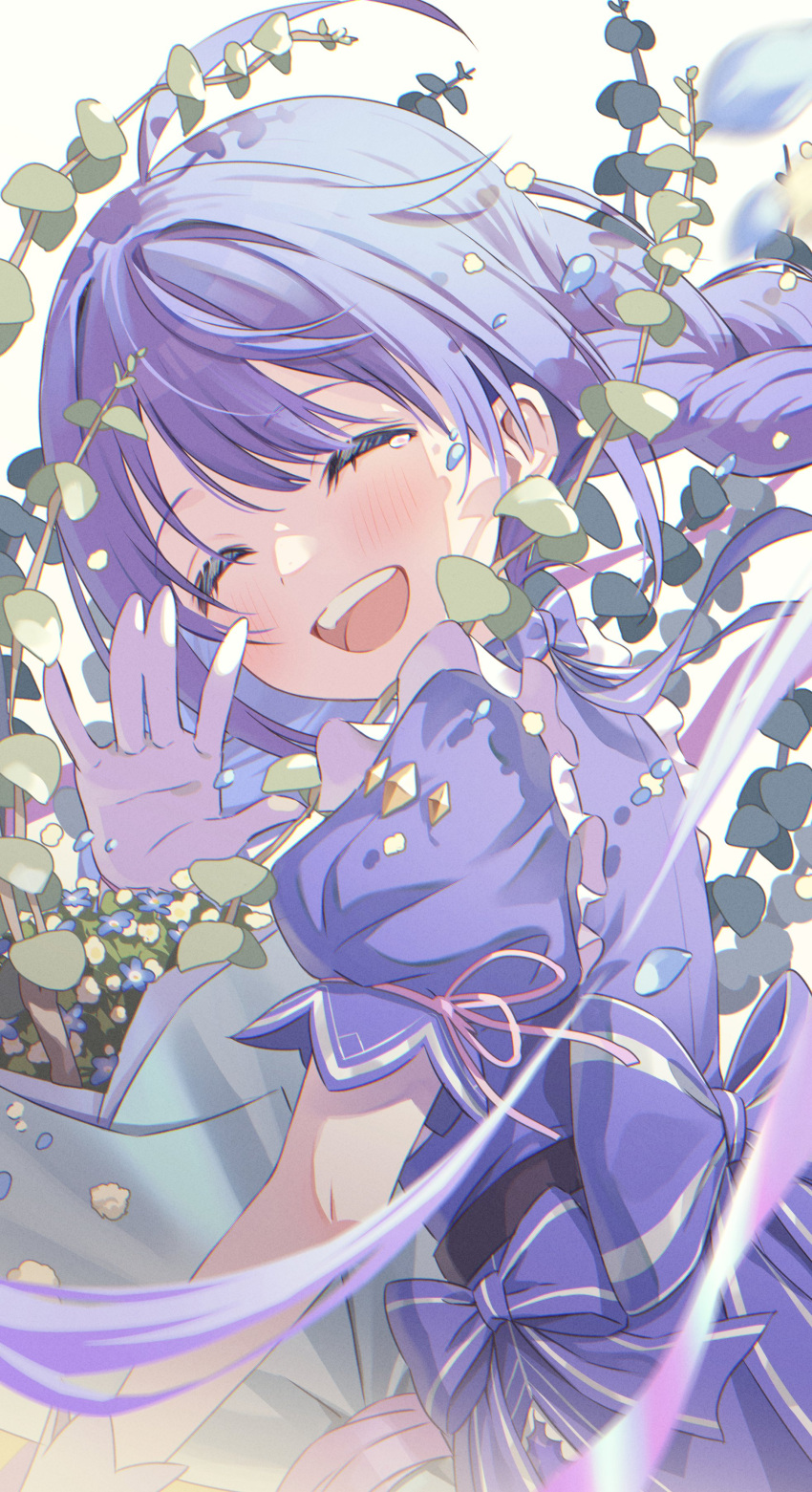 1girl ^_^ absurdres ahoge blue_bow blue_dress blue_hair blush bouquet bow braid closed_eyes commentary dress dress_bow facing_viewer from_side gloves highres holding holding_bouquet long_hair low_twin_braids momomoi_momoi nijisanji open_mouth puffy_short_sleeves puffy_sleeves short_sleeves smile solo teeth twin_braids upper_teeth_only virtual_youtuber waving white_gloves yuuki_chihiro yuuki_chihiro_(1st_costume)