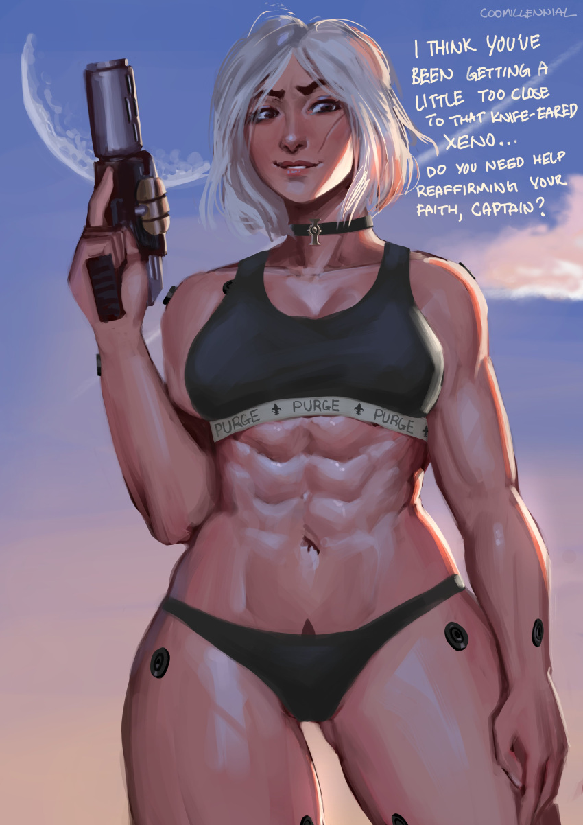 abs absurdres adepta_sororitas bikini choker coomillennial english_text fleur-de-lis gun handgun highres lasgun muscular muscular_female scar scar_on_face signature sister_argenta_(rogue_trader) smile swimsuit thick_thighs thighs trigger_discipline warhammer_40k warhammer_40k:_rogue_trader weapon