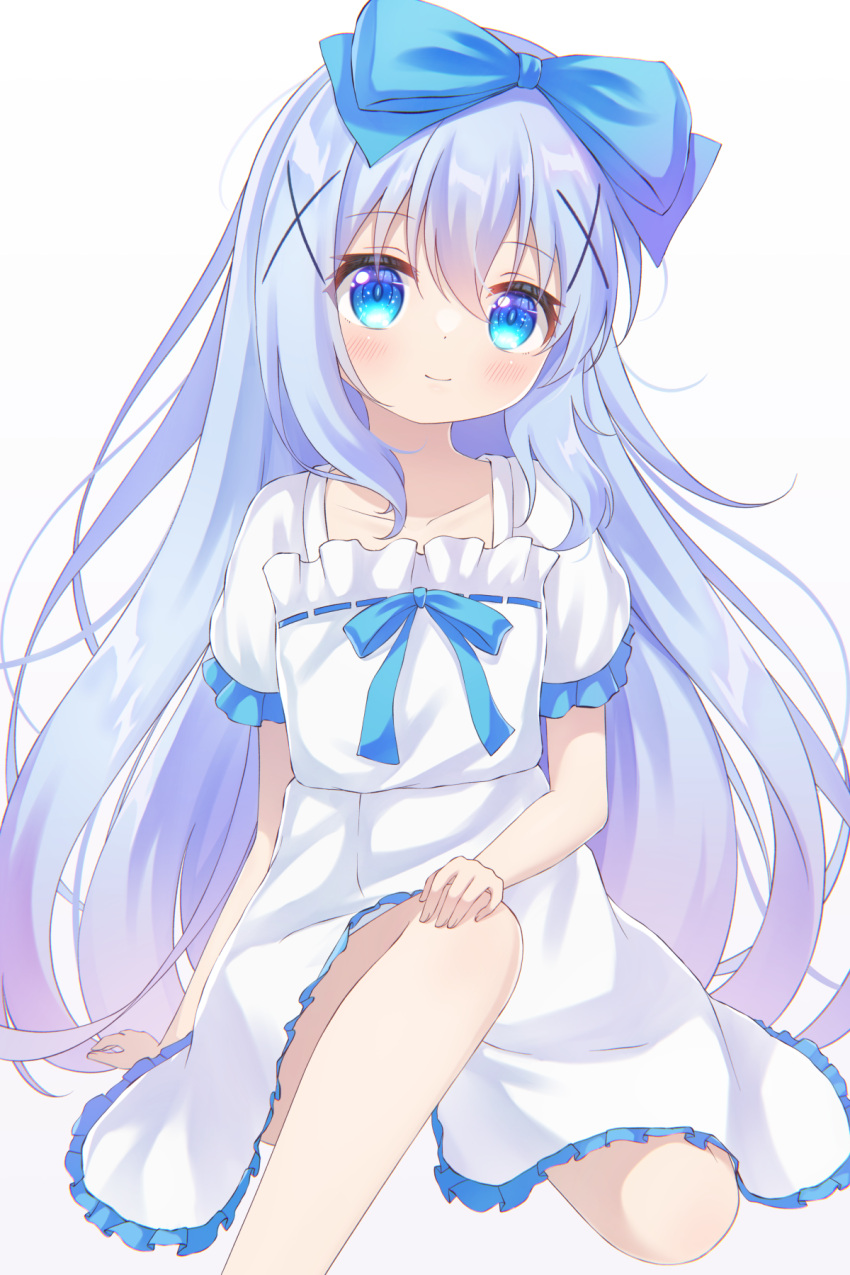 blue_bow blue_eyes blue_hair blue_ribbon bow cowboy_shot dress gochuumon_wa_usagi_desu_ka? hair_bow hair_ornament highres kafuu_chino light_smile ribbon simple_background sitting white_background white_dress x_hair_ornament yottacc