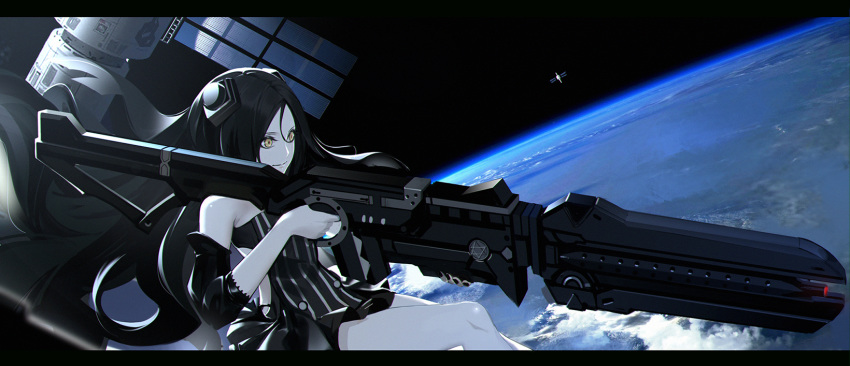 black_hair dreamer_(girls_frontline) girls_frontline grey_skin highres letterboxed long_hair narcolepsy-1900 railgun satellite solar_panel solo space yellow_eyes