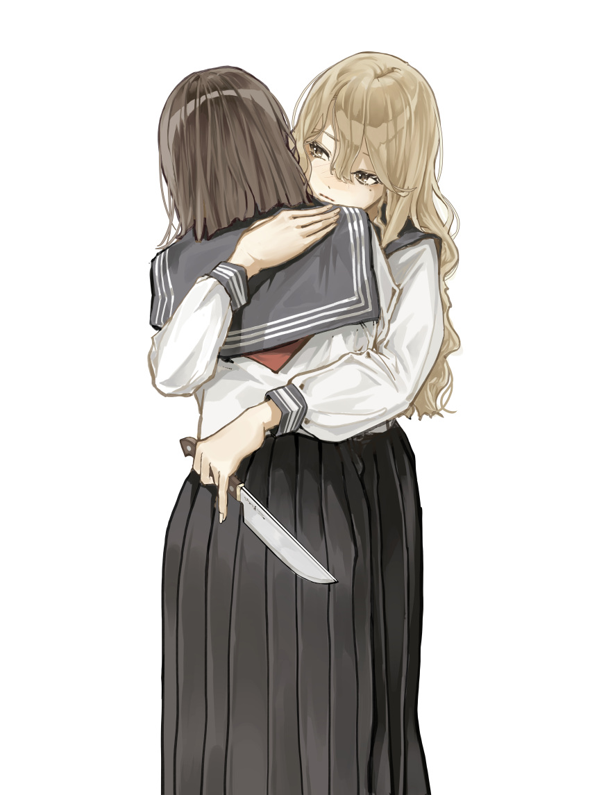 2girls absurdres black_hair black_sailor_collar black_skirt blonde_hair closed_mouth facing_away hand_on_another's_back highres holding holding_knife hug knife long_hair long_skirt long_sleeves looking_at_another medium_hair miquiaf mole mole_under_eye multiple_girls original pleated_skirt sailor_collar school school_uniform serafuku simple_background skirt wavy_hair white_background white_serafuku yandere yuri