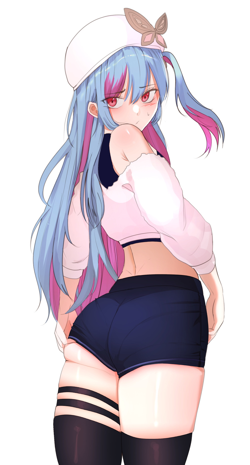 1girl absurdres ass bare_shoulders black_shirt black_thighhighs blue_hair blue_shorts colored_inner_hair dungeon_and_fighter from_behind hat highres long_hair long_sleeves looking_at_viewer midriff multicolored_hair nayak off-shoulder_shirt off_shoulder one_side_up pantylines pink_hair red_eyes shirt short_shorts shorts simple_background skindentation solo streaked_hair sweatdrop thigh_strap thighhighs torn_clothes torn_shirt very_long_hair white_background white_headwear white_shirt