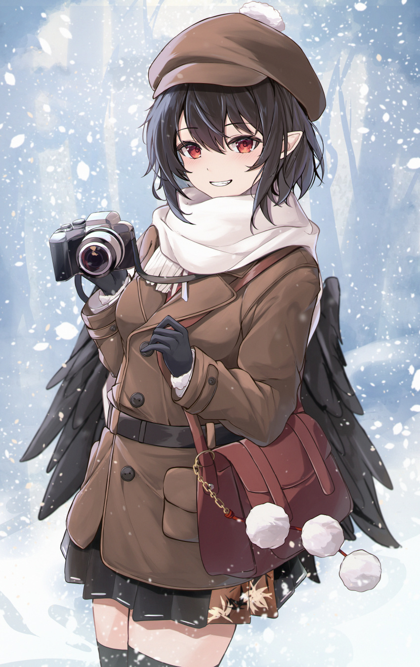 1girl absurdres bag bird_wings black_gloves black_hair black_skirt black_thighhighs black_wings blush brown_coat brown_headwear buttons cabbie_hat camera coat cowboy_shot feathered_wings fringe_trim gloves grin hat highres holding holding_camera long_sleeves looking_at_viewer orchid_(orukido) pleated_skirt pointy_ears pom_pom_(clothes) red_eyes scarf shameimaru_aya short_hair shoulder_bag skirt smile snow snowing solo thighhighs touhou white_scarf wings