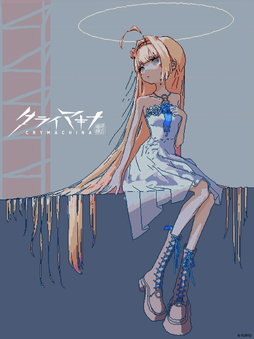 blonde_hair blue_eyes boots crymachina dress enoa_(crymachina) hair_intakes halo hand_on_own_chest highres logo long_hair looking_to_the_side official_art pixel_art second-party_source shoelaces simple_background sitting sivcha very_long_hair white_dress