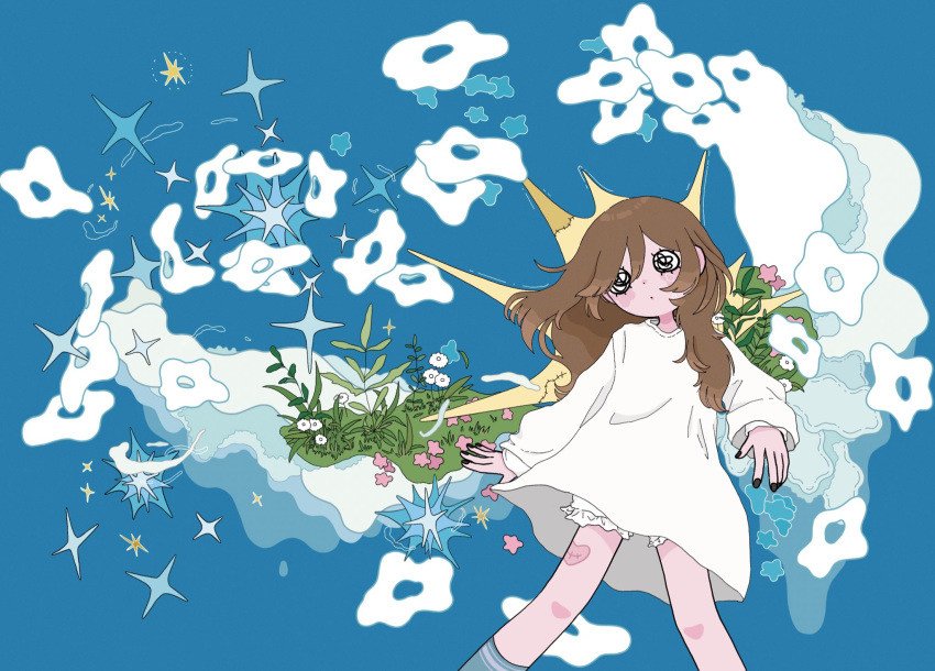 1girl black_nails blue_background brown_hair closed_mouth cloud expressionless flower grass heart heart_tattoo highres leg_tattoo long_hair meitooso o_o original pink_flower shirt sidelocks simple_background solo sparkle star_(symbol) tattoo white_flower white_shirt