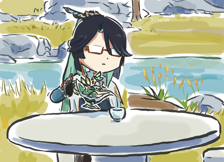 1girl :| black_hair chibi closed_mouth cloud_retainer_(genshin_impact) day english_commentary genshin_impact glasses green_hair long_hair multicolored_hair opaque_glasses outdoors parted_bangs pouring sitting solo table two-tone_hair very_long_hair xianyun_(genshin_impact) xinzoruo