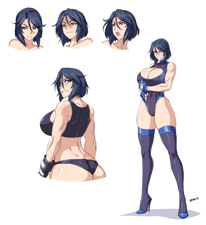 1girl ass black_hair breasts butt_crack cleavage cleavage_cutout devil-v dimples_of_venus huge_breasts looking_at_viewer looking_back muscle muscles muscular_female open_mouth original purple_eyes short_hair smile standing thighhighs