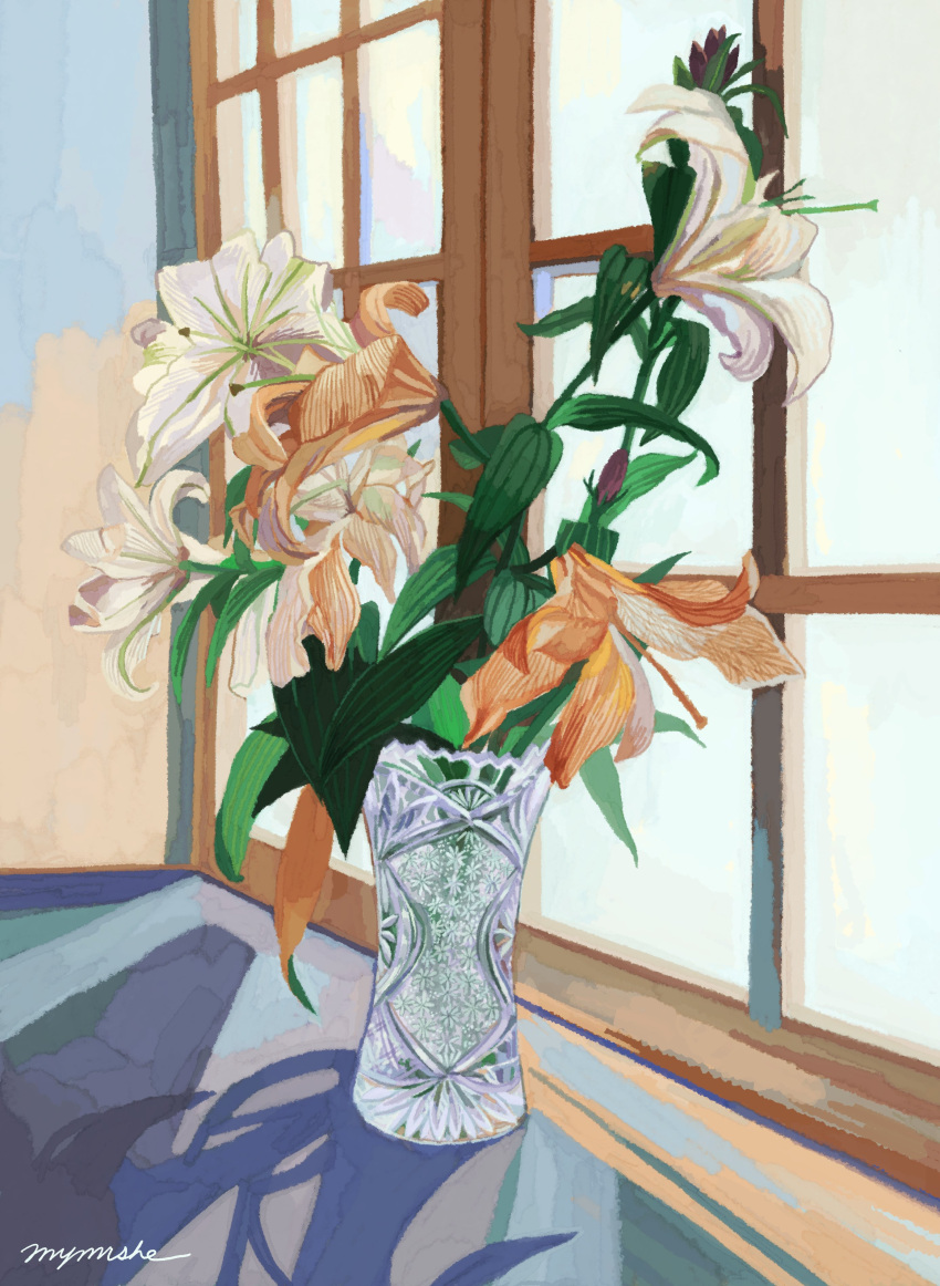 absurdres commentary_request flower flower_focus flower_pot highres indoors leaf miyamori_she no_humans orange_flower original plant plant_focus potted_plant shadow signature still_life white_flower window