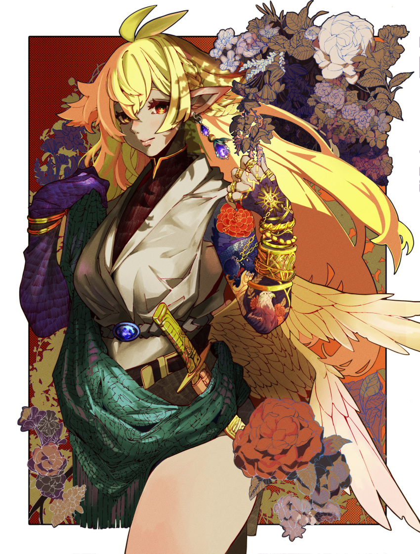1girl absurdres animal_print arm_tattoo belt bird_print black_border blonde_hair border bracelet braid breasts chinese_commentary cowboy_shot crop_top earrings feathered_wings floating_hair floral_background flower_tattoo gloves gold grey_skirt hair_flaps hands_up heterochromia hibiki_(vtuber) highres jewelry large_breasts long_hair looking_at_viewer low_wings matata1203 meridian_project multiple_rings multiple_wings outside_border pointy_ears purple_gloves red_eyes ring side_braid sideless_outfit single_glove skirt sleeveless smile solo sword tattoo undershirt very_long_hair virtual_youtuber weapon wings yellow_eyes yellow_wings