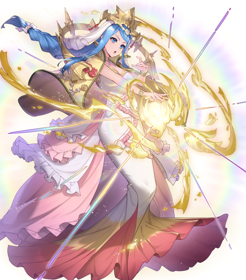 1girl attack blue_eyes bracelet braid breasts cleavage crown dress fire_emblem fire_emblem_engage fire_emblem_heroes frilled_dress frills glowing gold_cape headdress highres jewelry light long_hair lumera_(fire_emblem) medium_breasts non-web_source parted_lips solo v-shaped_eyebrows white_dress