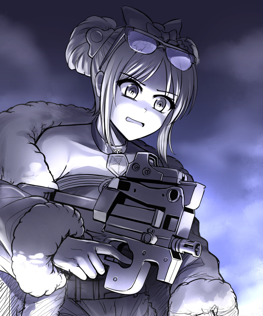 1girl absurdres bullpup coat collar commission double_bun english_commentary eyewear_on_head fur-trimmed_coat fur_trim girls'_frontline gun hair_bun highres holding holding_gun holding_weapon official_alternate_costume open_clothes open_coat p90 p90_(girls'_frontline) p90_(scarlet_turbo)_(girls'_frontline) parted_lips pixiv_commission scope senpaihawkkun sidelocks submachine_gun weapon