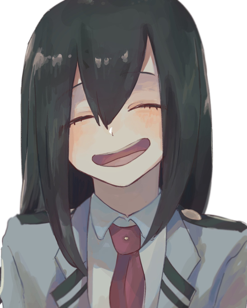 1girl asui_tsuyu black_hair boku_no_hero_academia close-up closed_eyes commentary_request hair_between_eyes highres machida_0906 necktie open_mouth red_necktie school_uniform shirt simple_background smile solo white_background white_shirt