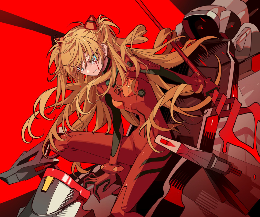 1girl angry between_legs blood blood_from_eyes blood_on_face blue_eyes bodysuit breasts foot_out_of_frame furrowed_brow hand_between_legs highres holding holding_polearm holding_weapon interface_headset lance_of_longinus_(evangelion) leaning_forward long_hair meremero neon_genesis_evangelion orange_hair parted_lips pilot_suit plugsuit polearm red_background red_bodysuit sitting small_breasts solo souryuu_asuka_langley two_side_up weapon