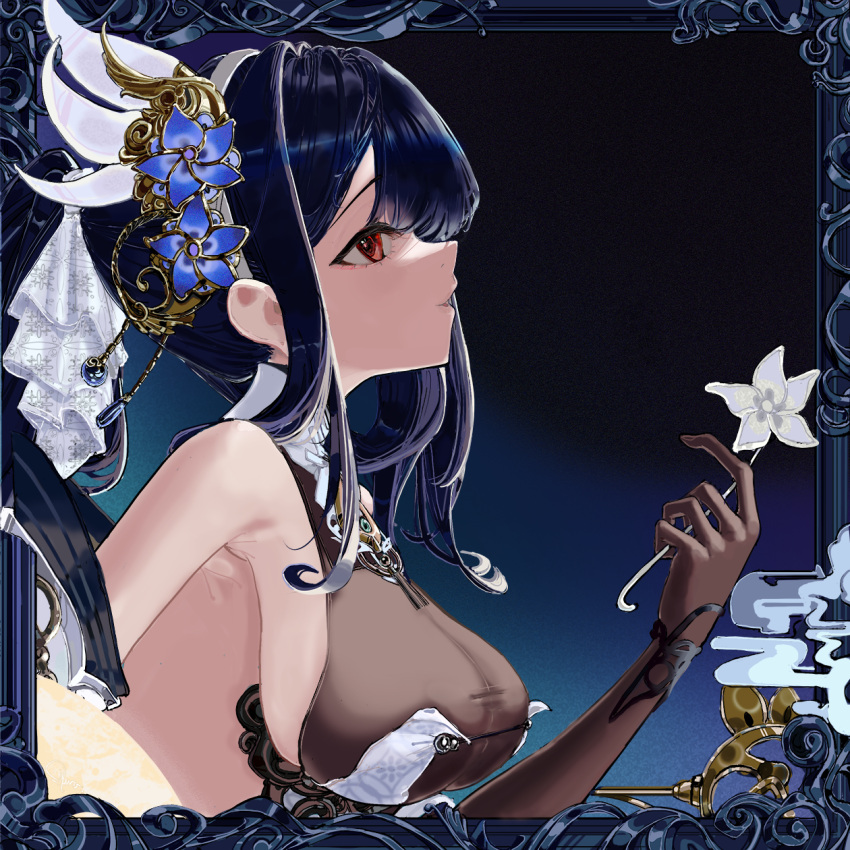 1girl azur_lane black_hair blue_flower breasts brown_gloves chen_hai_(azur_lane) chen_hai_(retrofit)_(azur_lane) elbow_gloves flower flower_ornament from_side gloves gold_trim hair_flower hair_ornament highres holding holding_flower long_hair medium_breasts profile red_eyes simple_background solo unwomagno upper_body white_flower